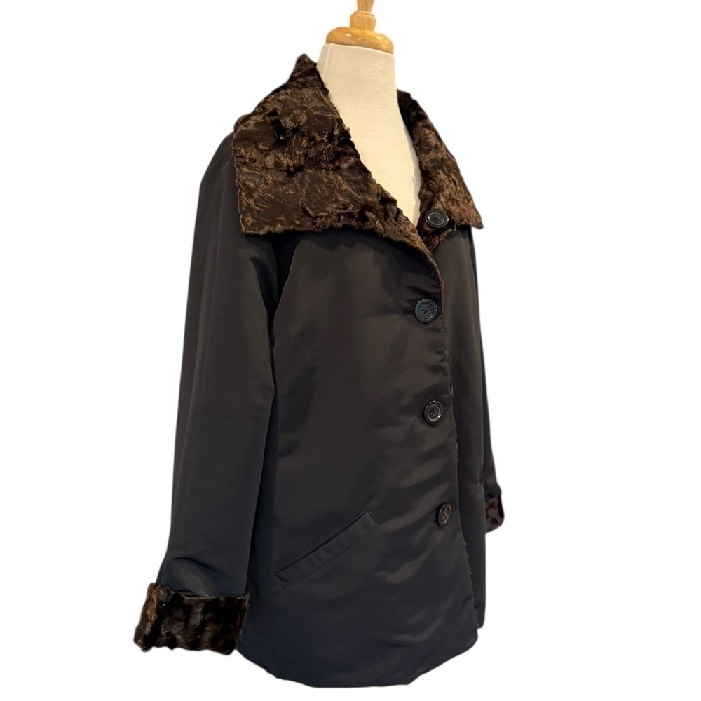 Chicos Reversible Brown Faux Fur Coat Jacket Brown Black Winter Large Chico’s 3 - Picture 6 of 12